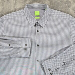 Hugo Boss Button Shirt Men L Gray Check Geometric Casual Regular Fit Long Sleeve